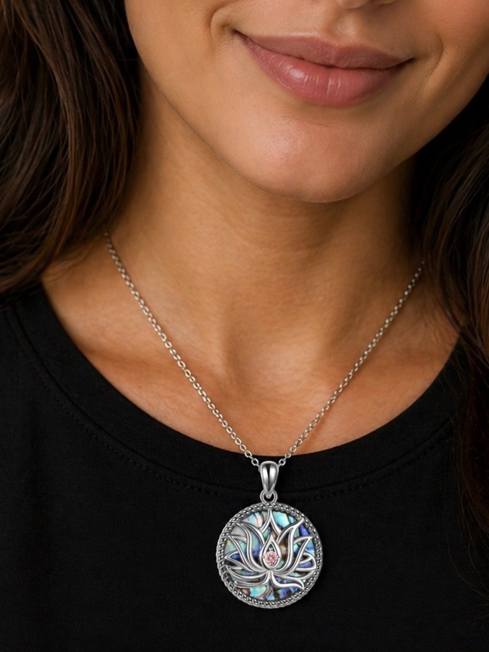 Lotus Shell Inlay Pendant Necklace Stainless Steel Round Medallion 18” Chain - Picture 3 of 5
